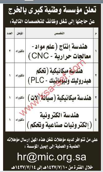 وظائف بمؤسسة وطنية كبري