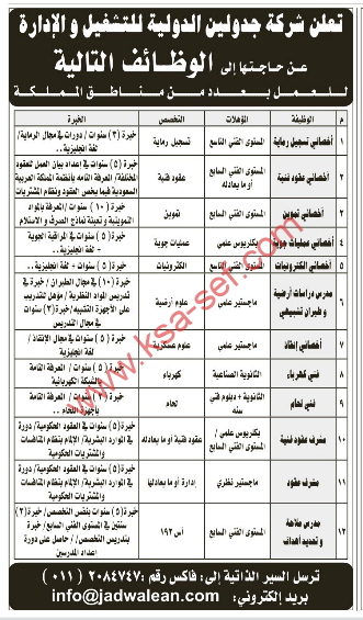 وظائف مطلوبة لشركة جدولين الدولية