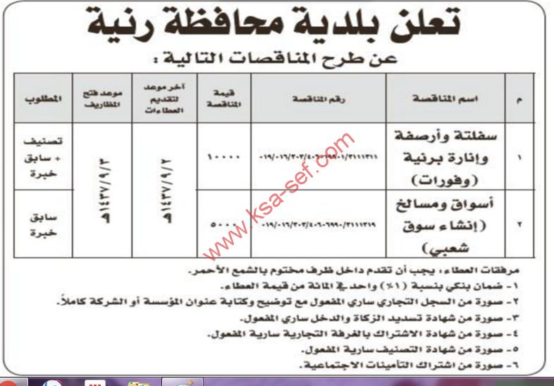 منافسة سفلتة وأرصفة وإنارة برنية بلدية – محافظة رنية