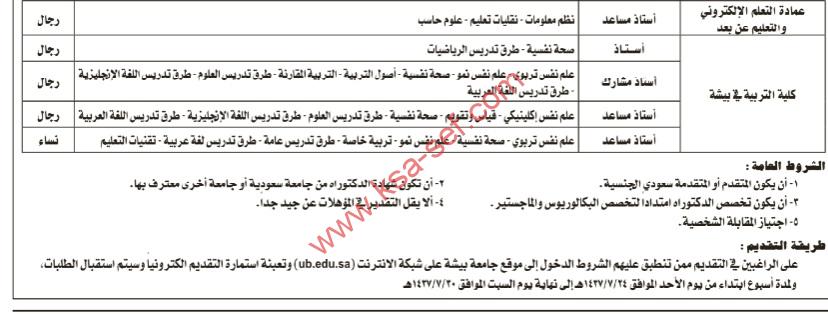 تعلن جامعة بيشة عن توفر وظائف أكاديمية - للعام الجامعى 1437/1438 هـ