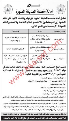 مطلوب مراقب صحي وموسمي ومتابع تحصيل لأمانة منطقة المدينة المنورة