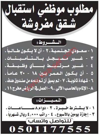 للسعوديين فقط … مطلوب موظفي استقبال شقق مفروشة