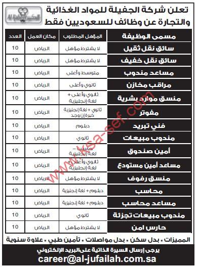 للسعوديين فقط ... وظائف متنوعة لشركة الجفيلة للمواد الغذائية والتجارة