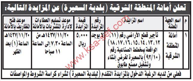 مزايدة تأجير قطع أراضي بمخطط الصناعية بالسعيرة لغرض إنشاء وتشغيل مصناع طابوق