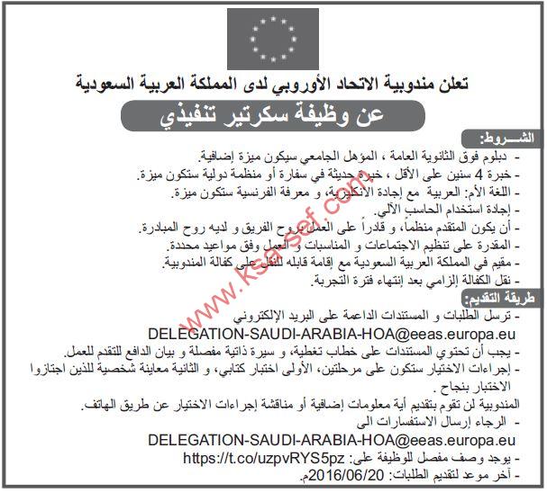 مطلوب سكرتير تنفيذي لمندوبية الاتحاد الأوروبي لدى المملكة العربية السعودية