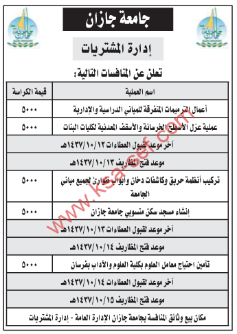 منافسات ترميم وعزل أسطح وتركيب أنظمة حريق وتأمين احتياج معامل بجامعة جازان