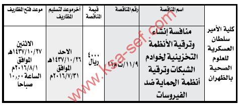 منافسة إنشاء وترقية الأنظمة التخزينية لخوادم الشبكات بكلية الأمير سلطان العسكرية للعلوم الصحية بالظهران