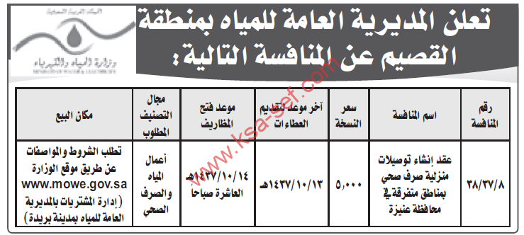 منافسة عقد إنشاء توصيلات منزلية