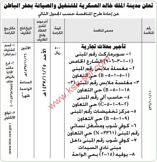 منافسة تأجير محلات تجارية | مدينة الملك خالد العسكرية للتشغيل و الصيانة بحفر الباطن