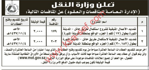 تعلن وزارة النقل عن عدة منافسات