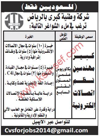 للسعوديين فقط … مطلوب كبير مهندسين نظم اتصالات إلكترونية لشركة وطنية كبرى بالرياض