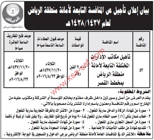 منافسة تأهيل مكاتب الإدارات المختلفة التابعة لأمانة منطقة الرياض بمخطط القصر