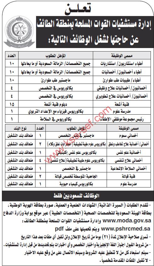 وظائف متعددة - إدارة مستفشفيات القوات المسلحة بمنطقة الطائف