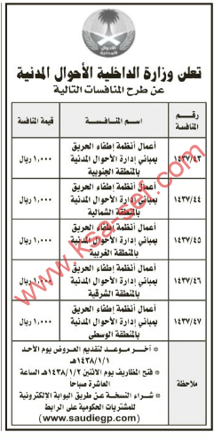 إعلان عن عدة منافسات لوزارة الداخلية