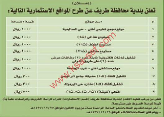 تعلن بلدية محافظة طريف عن طرح المواقع الاستثمارية التالية