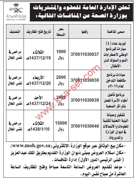 طرح عدة منافسات . الإدارة العامة للعقود والمشتريات بوزارة الصحة