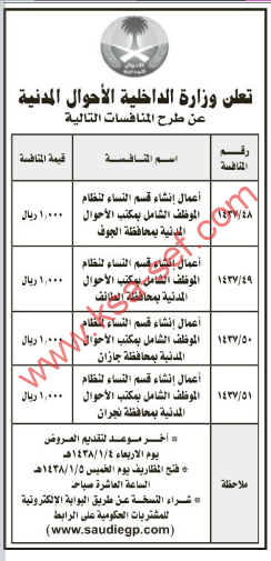 طرح عدة منافسات - وزارة الداخلية الأحوال المدنية