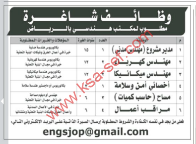 عدة وظائف شاغرة لمكتب هندسي بالرياض