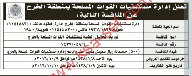 منافسة-توريد المحاليل الطبية لمستشفيات القوات المسحلة بالخرج