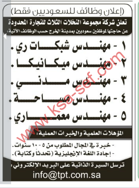 إعلان وظائف للسعوديين فقط – شركة مجموعة النخلات الثلاث للتجارة المحدودة