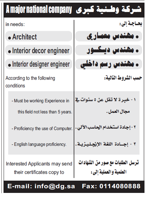 وظائف هندسية : مهندس معماري , مهندس ديكور , مهندس رسم داخلي