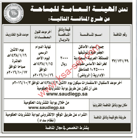 تعلن الهيئة العامة للمساحة عن طرح منافسة