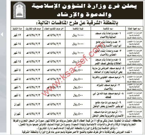 طرح عدة منافسات لفرع وزارة الشؤون الإسلامية و الدعوة والإرشاد بالمنطقة الشرقية