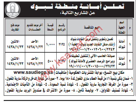 مناقصة-تحسين مرمى النفايات بتبوك-صيانة الحاسب الآلي لأمانة تبوك.