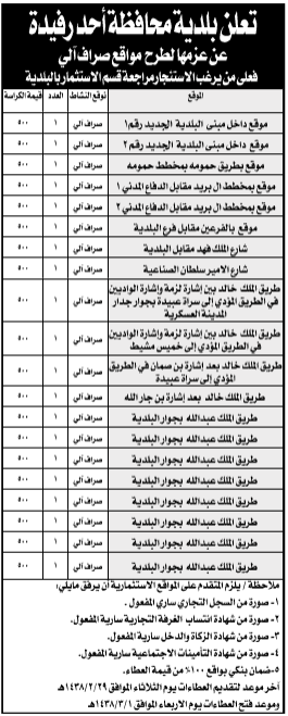 مناقصة - استئجار عدة مواقع صراف آلي - بلدية محافظة أحد رفيدة