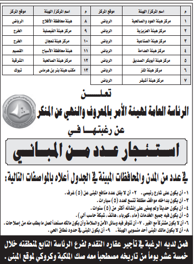 مزايدة - استئجار مباني - الرئاسة العامة لهيئة الامر بالمعروف والنهي عن المنكر