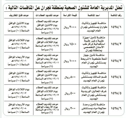 منافسة - المديرية العامة للشؤون الصحية / نجران