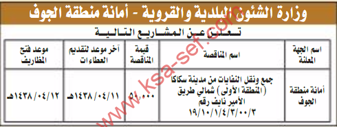 مناقصة - جمع ونقل النفايات من مدينة سكاكا - امانة منطقة الجوف