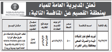 منافسة - توريد قطع غيار لشبكات المياه والصرف الصحي بمحافظة رياض الخبراء / المديرية العامة للمياه - منطقة القصيم