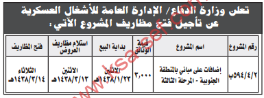 تأجيل فتح مظاريف - اضافات على مباني بالمنطقة الجنوبية - المرحلة الثالثة / وزارة الدفاع