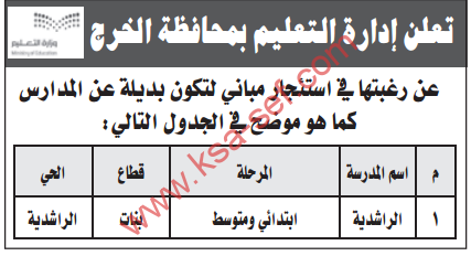 منافسة - استئجار مباني لتكون بديلة عن المدارس / ادارة التعليم -محافظة الخرج