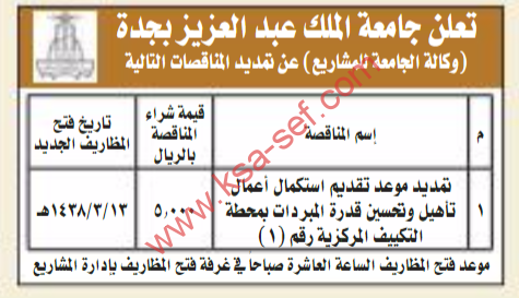 تمديد مناقصة - تقديم استكمال اعمال تأهيل وتحسين قدرة المبردات بمحطة التكييف المركزية/ جامعة الملك عبد العزيز بجدة