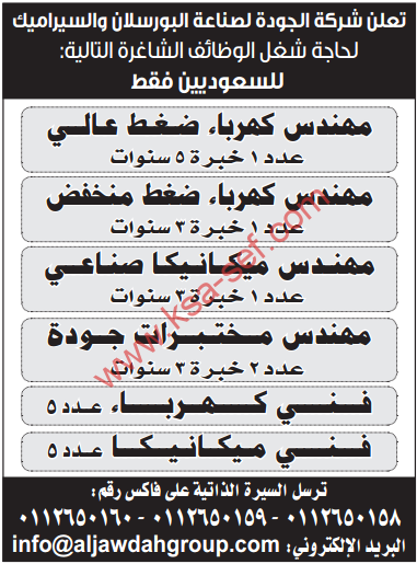 وظائف - شركة الجودة لصناعة البورسلان والسيراميك