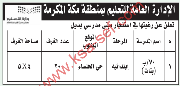 منافسة - استئجار مبنى - الادارة العامة للتعليم / مكة المكرمة