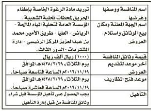 منافسة - توريد مادة الرغوة الخاصة باطفاء الحريق لمحطات تحلية الشعيبة / المؤسسة العامة لتحلية المياه المالحة