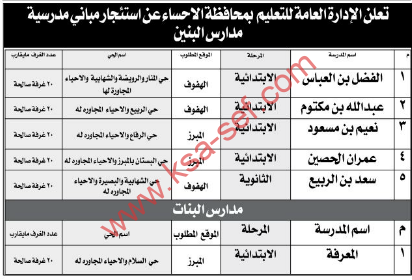 منافسة - استئجار مباني مدرسية / الادارة العامة للتعليم بمحافظة الاحساء