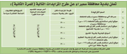 مزايدة - للمرة الثانية - بلدية محافظة سميراء