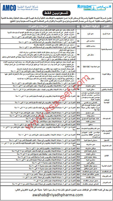 وظائف - شركة الحياة الطيبة وشركة الرياض فارما