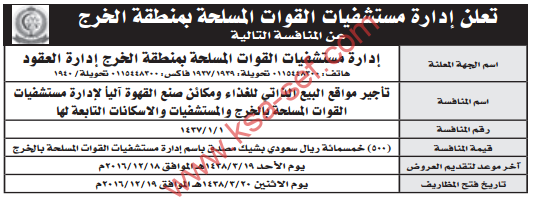 منافسة - تأجير مواقع البيع الذاتي للغذاء ومكائن صنع القهوة آلياً/ ادارة مستشفيات القوات المسلحة بمنطقة الخرج